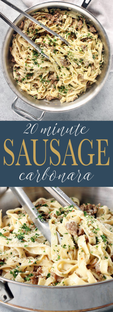 20-Minute Sausage Carbonara - a simple weeknight pasta that requires 6 basic ingredients. A delicious whole-food meal.