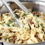 20-Minute Sausage Carbonara - a simple weeknight pasta that requires 6 basic ingredients. A delicious whole-food meal.