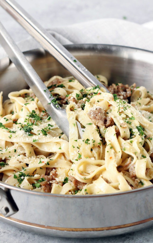 20-Minute Sausage Carbonara - a simple weeknight pasta that requires 6 basic ingredients. A delicious whole-food meal.