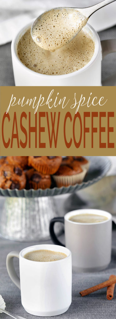 5 Minute Pumpkin Spice Cashew Coffee that's creamy, real food friendly, and subtly spiced. Homemade salted pumpkin spice syrup gives it depth, flavor and warmth, while a medjool dates adds just the right amount of sweetness.