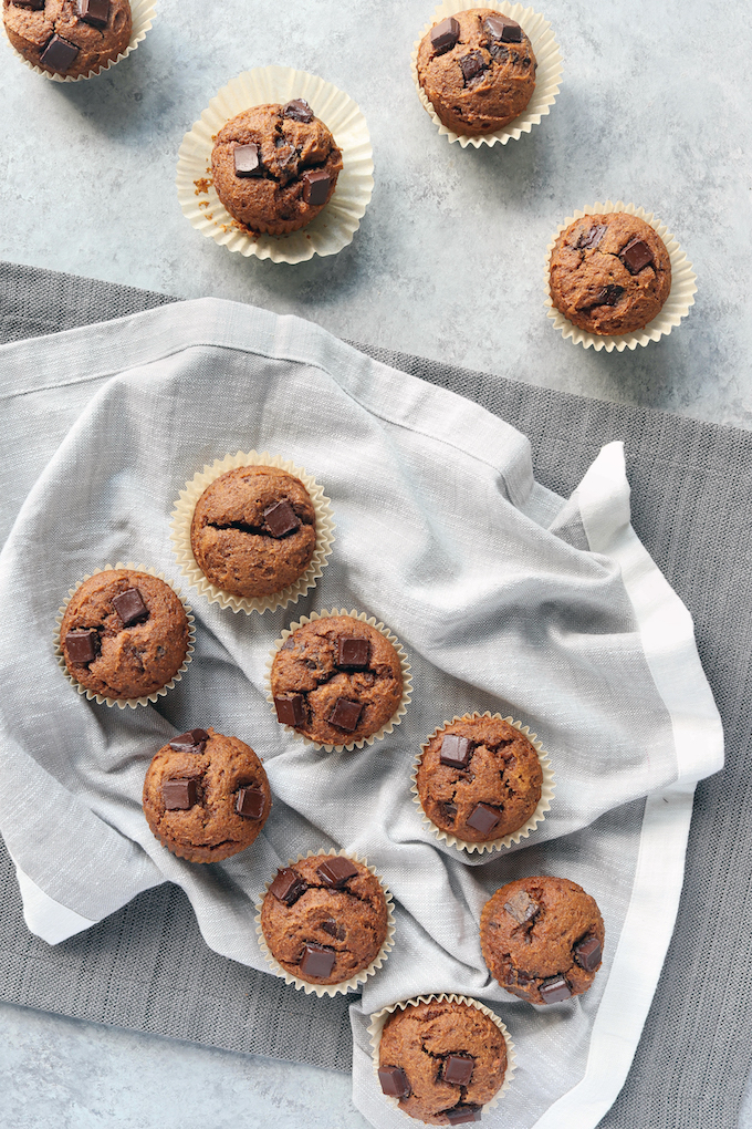 Easy Chunky Chocolate Pumpkin Muffins are moist, flavorful and naturally sweetened. Loaded with wholesome ingredients and studded with chocolate.