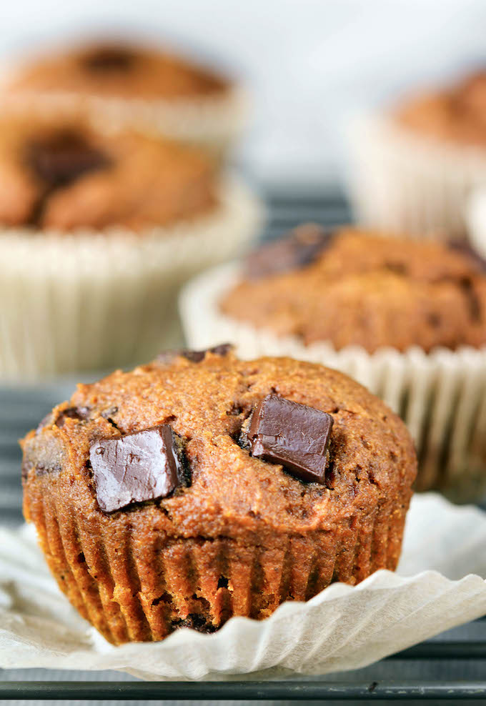 Easy Chunky Chocolate Pumpkin Muffins are moist, flavorful and naturally sweetened. Loaded with wholesome ingredients and studded with chocolate.