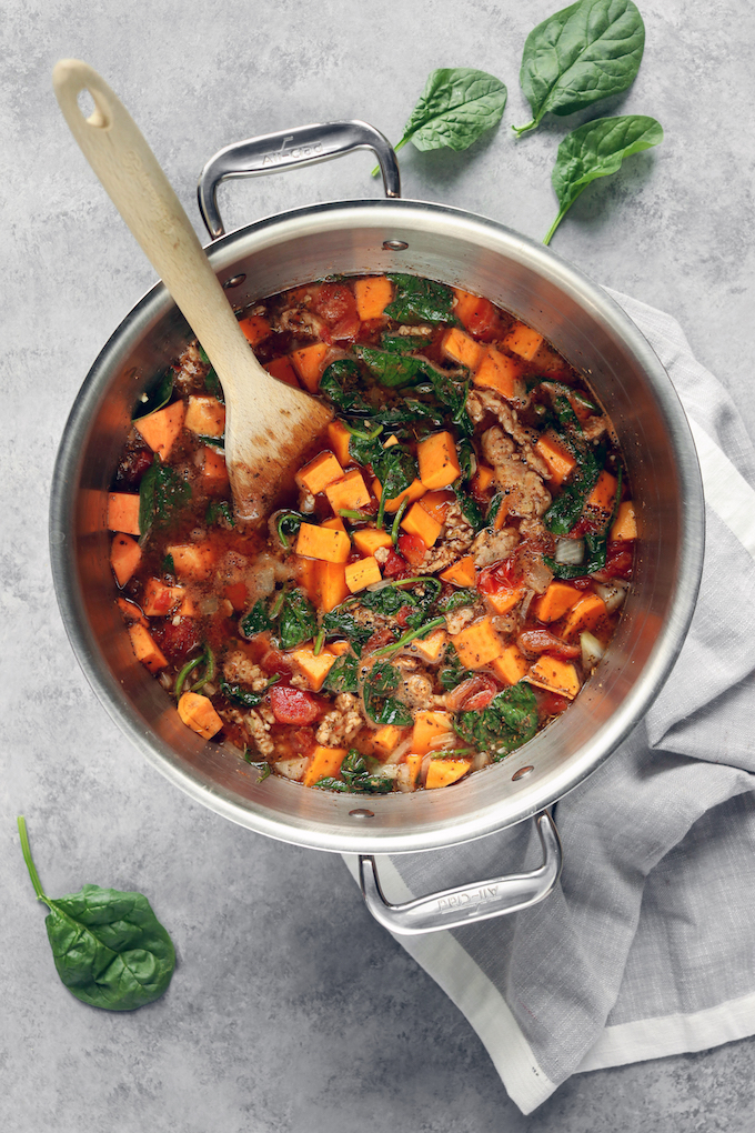 Simple, 1-pot Sausage, Spinach, Potato Stew. Flavorful, healthy, Whole30 compliant and perfect for colder months.