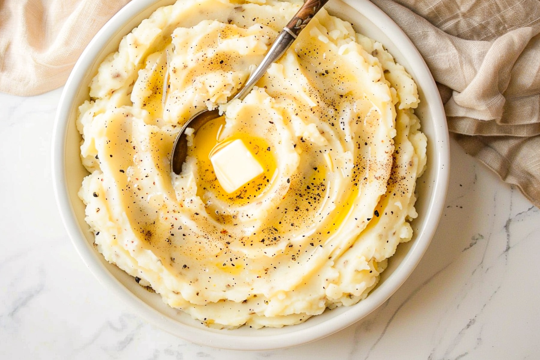 A bowl of creamy mashed potatoes topped with melted butter and cracked black pepper, with a spoon resting in the swirl, sitting on a light marble surface with a tan linen napkin.
