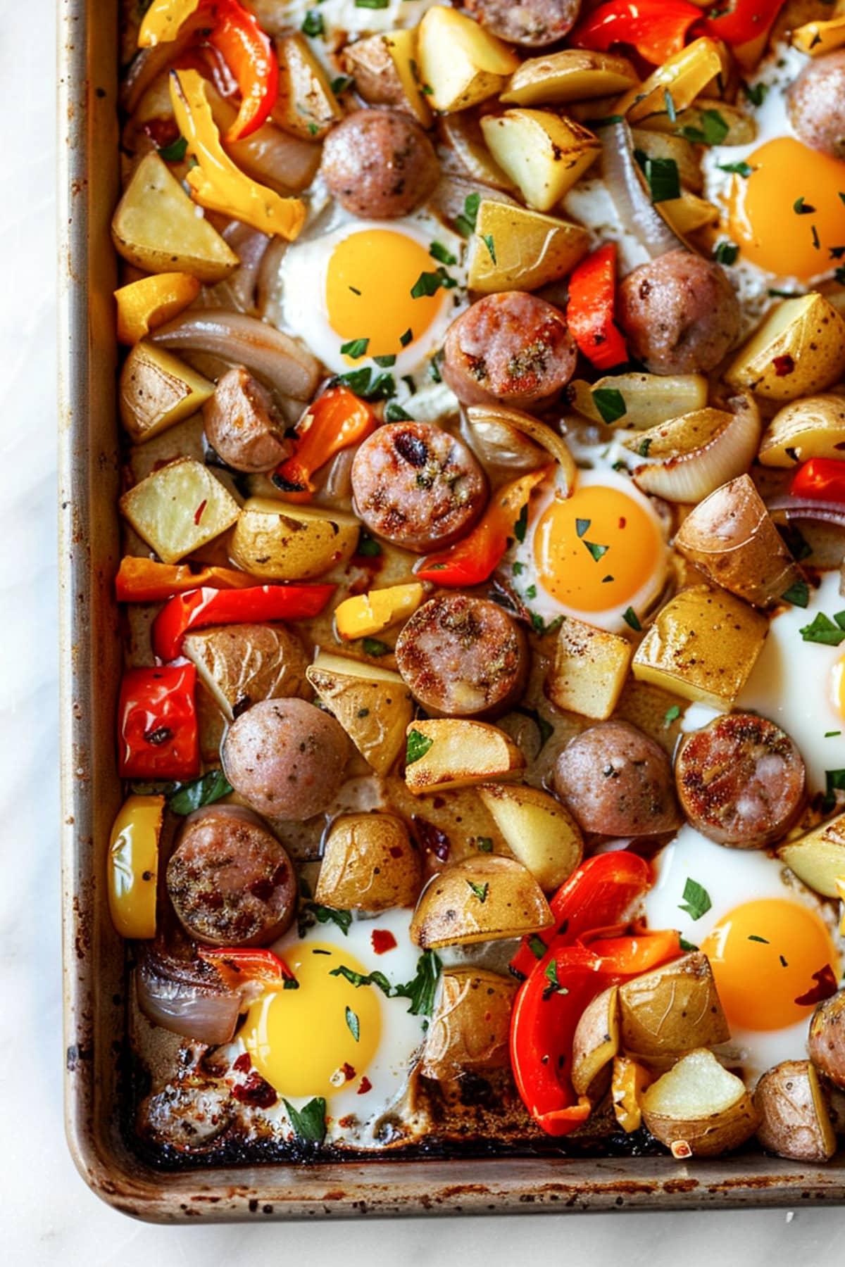 Sheet pan breakfast with roasted potatoes, sliced sausage, bell peppers, and onions baked with eggs, finished with fresh herbs and crispy edges.