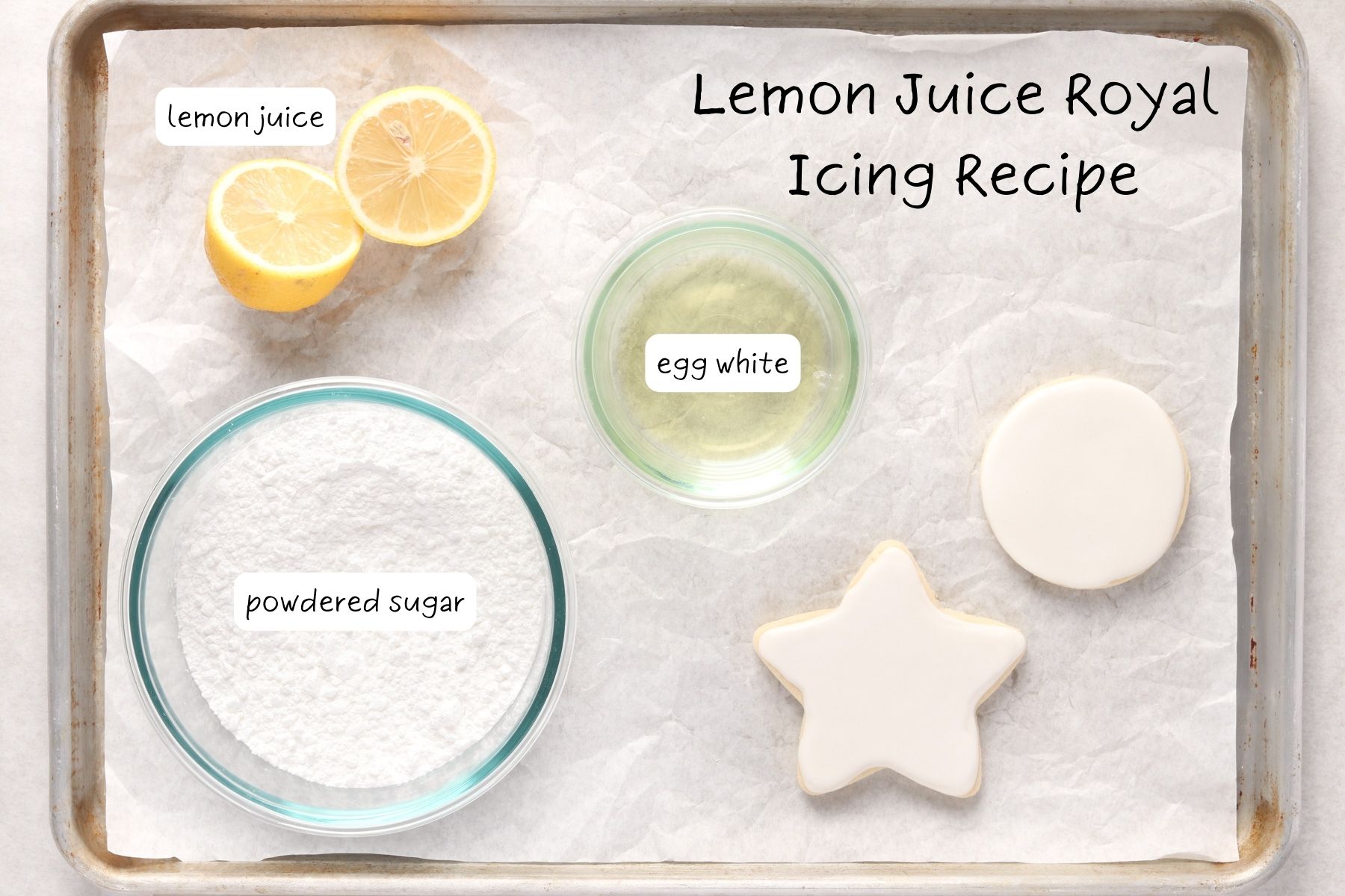 Ingredients for royal icing made without meringue powder. Powdered sugar, egg whites and lemon.