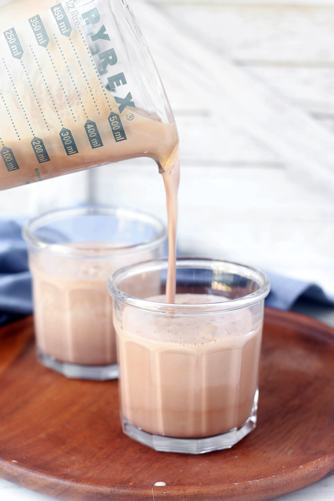 Delicious 6-ingredient Real Food Chocolate Milkshake with cocoa, dates, milk, vanilla and greek yogurt. Frosty, creamy + perfect for a sweet treat!