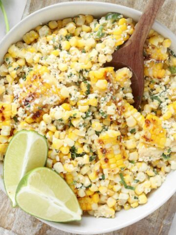 Mexican Street Corn Salad in a white bowl.