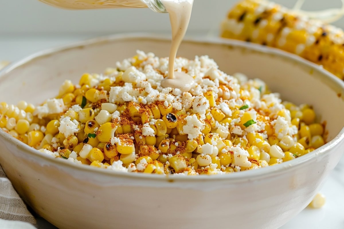 Close-up of grilled corn kernels in a white bowl, topped with crumbled Cotija cheese and spices, as creamy white dressing is poured over the top.