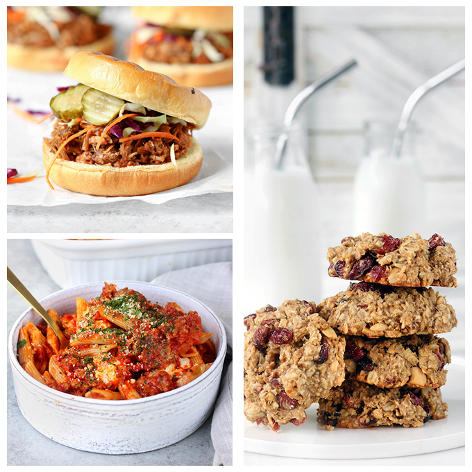 A collage of the Best of August 2018 recipes. BBQ Instant Pot Pork, Breakfast Cookies and Baked Penne Pasta.