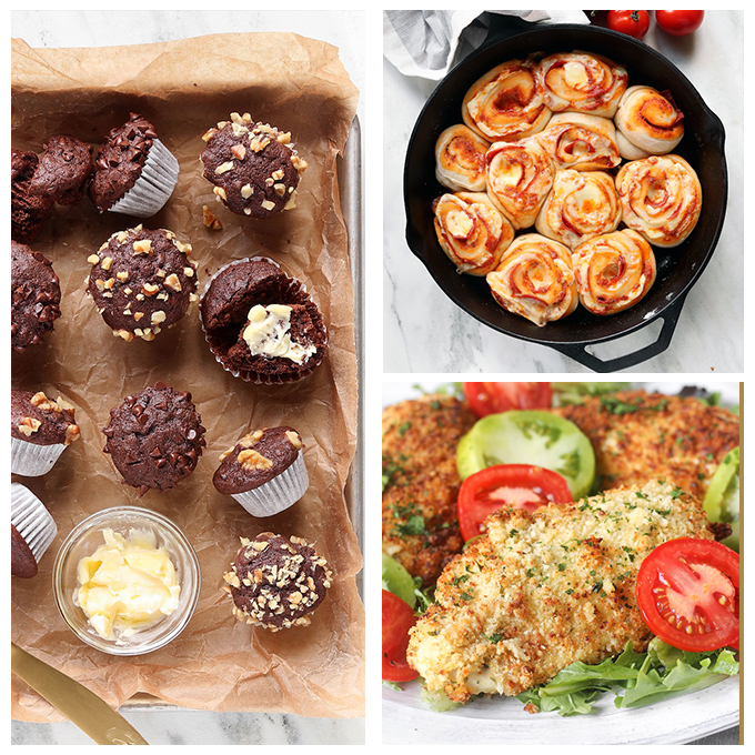 A collage of the Best of August 2018 recipes. Pizza rolls, parmesan chicken and chocolate muffins.
