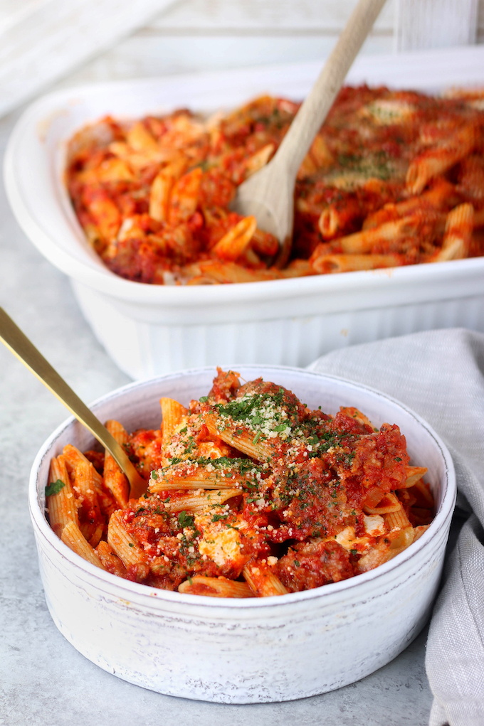 Cheesy Sausage Baked Penne is spicy, meaty, cheesy and make-ahead friendly. 6-Ingredients, 20 minutes prep and dinner is done.