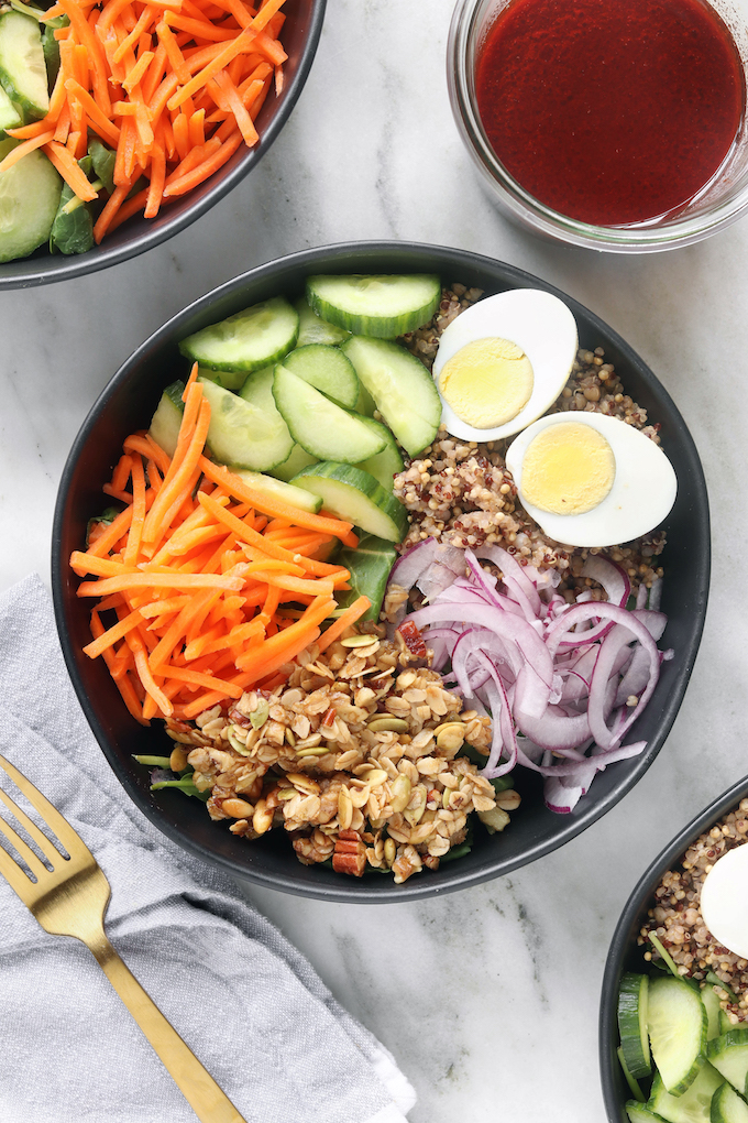 Heart and Seoul Grain Bowls on a white marble countertop.