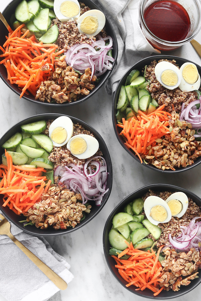 Heart and Seoul Grain Bowls on a white marble countertop.