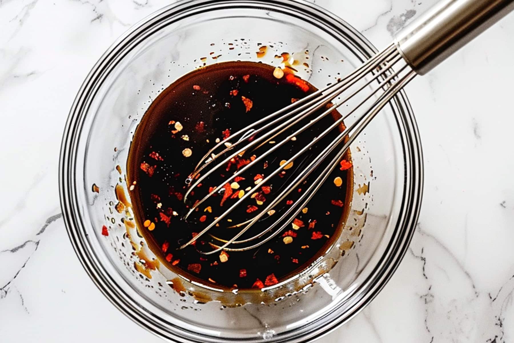Glass bowl with whisk mixing soy sauce, brown sugar, sesame oil, ginger, and red pepper flakes to make the sauce for Korean beef bowls.