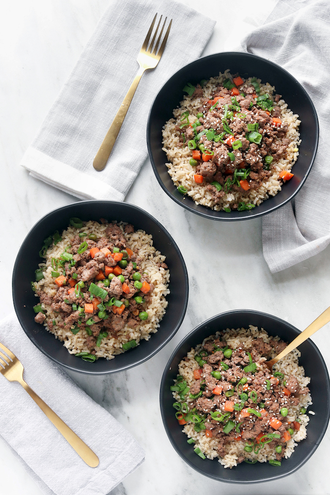 Quick Korean Beef Bowls on a white marble countertop.