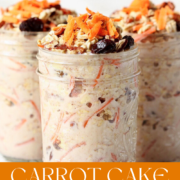 Simple Carrot Cake Overnight Oats arranged on a wooden countertop with a white background.