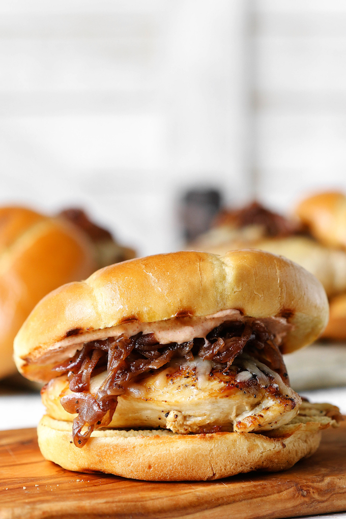 Monterey Chicken Sandwich on top of a wooden cutting board. 