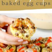 Baked Egg Muffin being lifted into the air from a white plate.