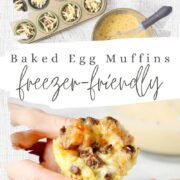 Baked Egg Muffin being lifted into the air from a white plate.