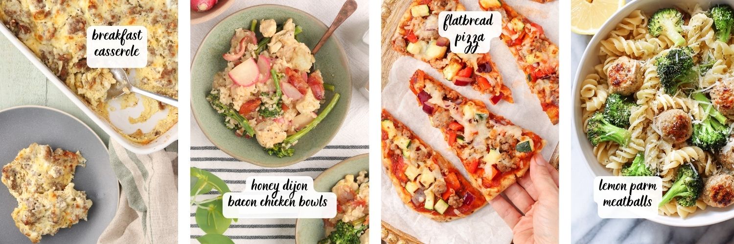 Collage of four dinner swap recipes: breakfast casserole, honey Dijon bacon chicken bowls, flatbread pizza, and lemon Parmesan meatballs with broccoli pasta.