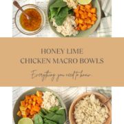 Honey Lime Chicken Macro Bowls on a white table surrounded by brown rice, sweet potatoes, dressing and chicken.