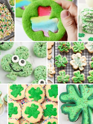 A collage of Green Dessert Recipes for Saint Patrick's Day. Rice krispie treats, popcorn and cookies.