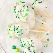 Easy Saint Patrick's Day Cake Pops on a cake platter.