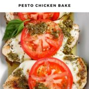 Overhead view of baked pesto chicken breasts topped with melted mozzarella, fresh tomato slices, and basil, arranged in a white ceramic baking dish.