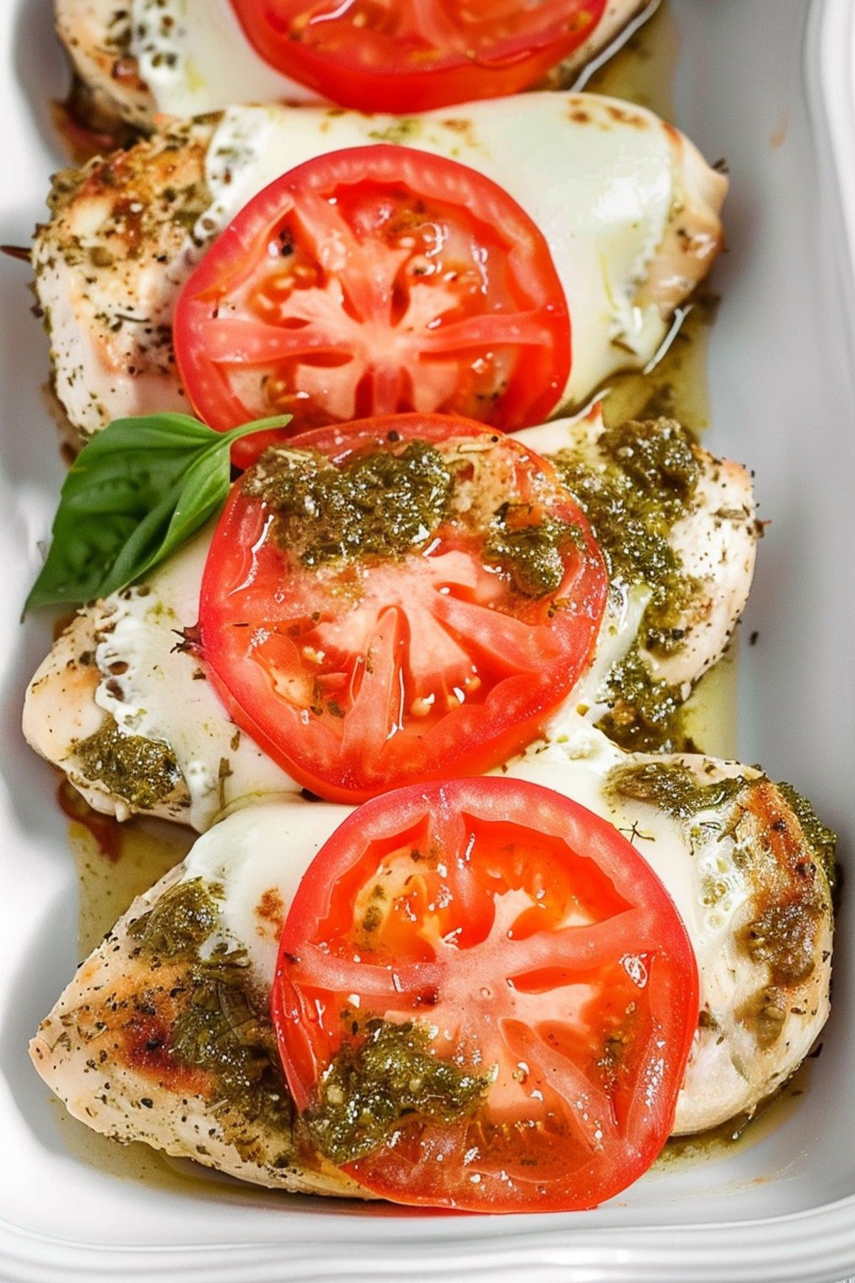 Overhead view of baked pesto chicken breasts topped with melted mozzarella, fresh tomato slices, and basil, arranged in a white ceramic baking dish.