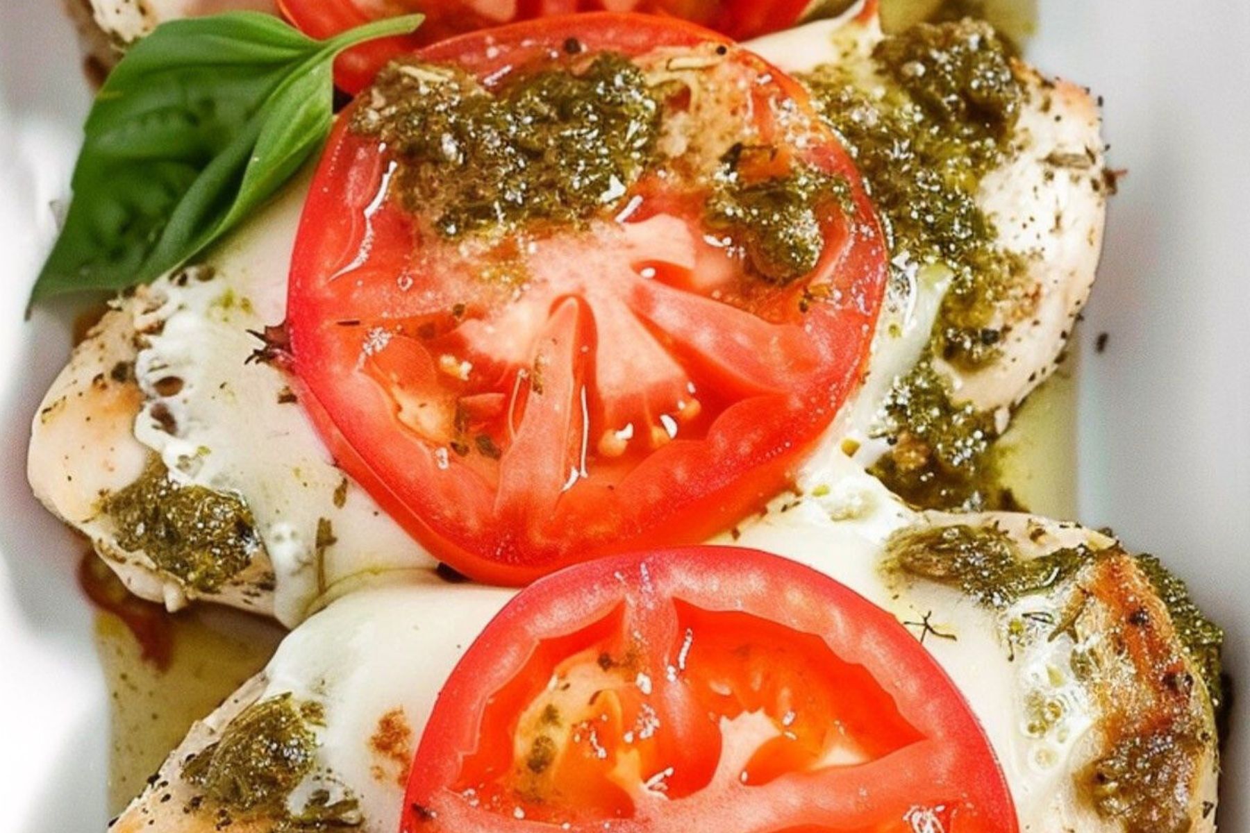 Step 4 - Pesto Chicken Bake. Bake Chicken until cheese is melted and tomatoes are bright and caramelized. 