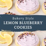 Lemon Blueberry Cookies on a sheet pan with lemons and fresh blueberries.