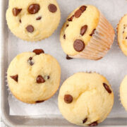 Chocolate Chip Protein Muffins on a parchment covered baking sheet.