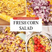 Easy Corn Salad in a white bowl and garnished with basil and cherry tomatoes.