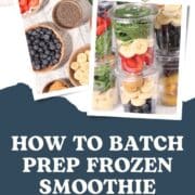 Frozen Smoothie packs assembled in freezer cups and stacked on a white counter.