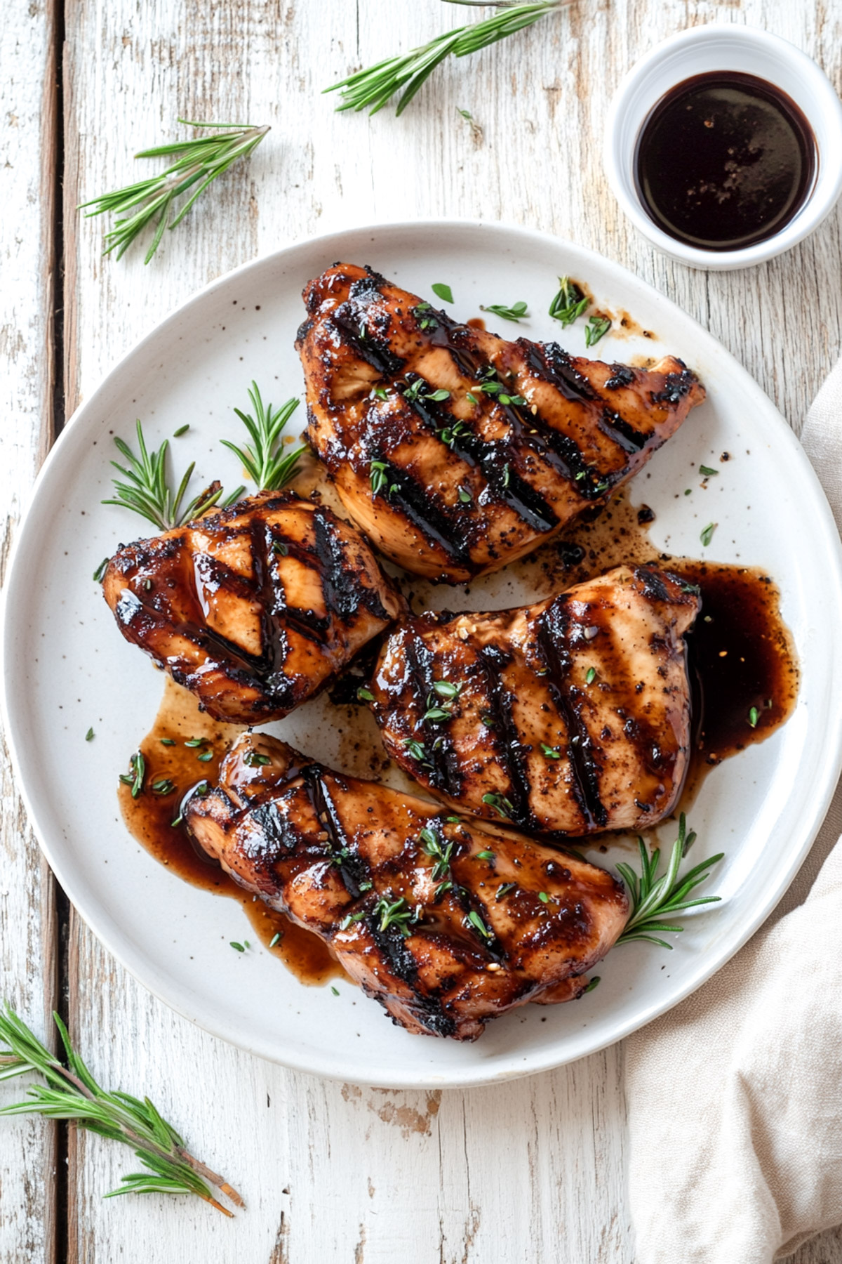 Overhead image of grilled chicken glazed with balsamic vinegar chicken marinade, served on a white plate with rosemary sprigs, a small bowl of marinade, and a rustic whitewashed wood background.