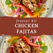 Sliced grilled chicken breast with char marks, sautéed bell peppers and red onions, served in a cast iron skillet with warm tortillas, lime wedge, and fresh cilantro.