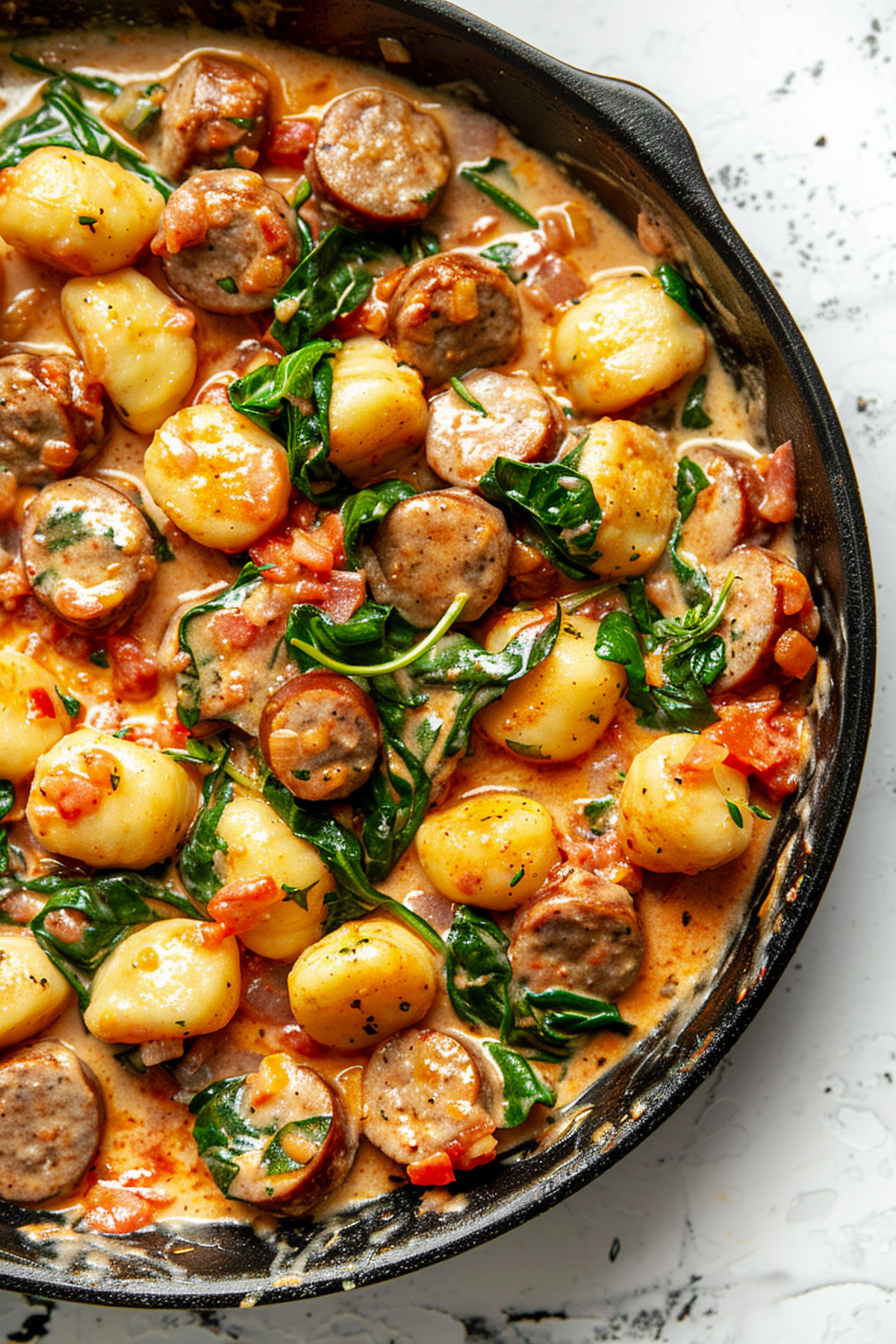 Crispy air fryer gnocchi skillet with golden brown gnocchi, Italian chicken sausage, fresh spinach, and creamy tomato sauce served in a cast iron pan
