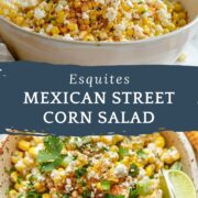 Bowl of Mexican street corn salad topped with crumbled cheese, fresh cilantro, green onions, chili powder, and a lime wedge, with scattered lime pieces and herbs in the background.