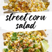 Bowl of Mexican street corn salad topped with crumbled cheese, fresh cilantro, green onions, chili powder, and a lime wedge, with scattered lime pieces and herbs in the background.