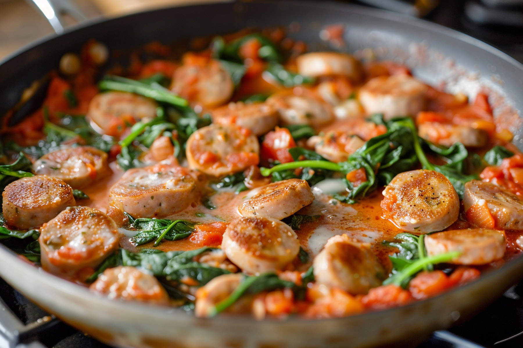Step 3 - Air Fryer Gnocchi. Chicken sausage slices simmering in a creamy tomato sauce with wilted spinach in a skillet.