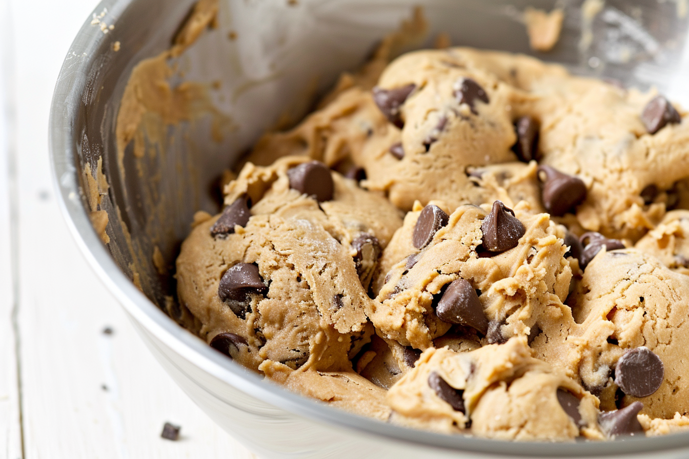 Close-up of chocolate chip cookie dough in a stainless steel mixing bowl on a white wood surface, showing thick dough texture and chocolate chips throughout.
