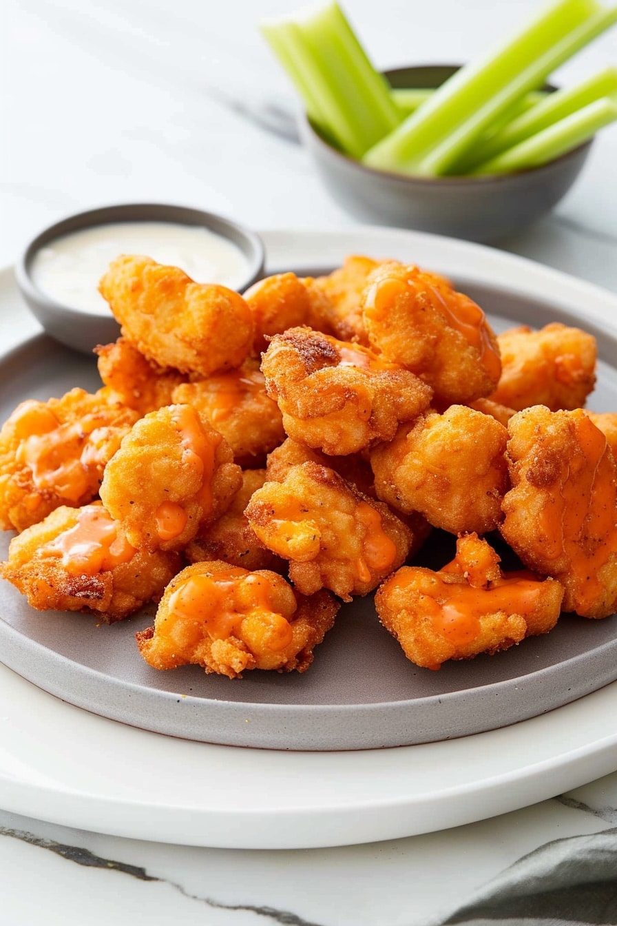 Buffalo cauliflower bites on a gray plate, coated in a light orange buffalo sauce with a soft baked batter, served with celery sticks and a small bowl of ranch dressing.