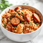 Bowl of chicken, sausage, and shrimp jambalaya with rice, garnished with chopped parsley on a light marble surface.