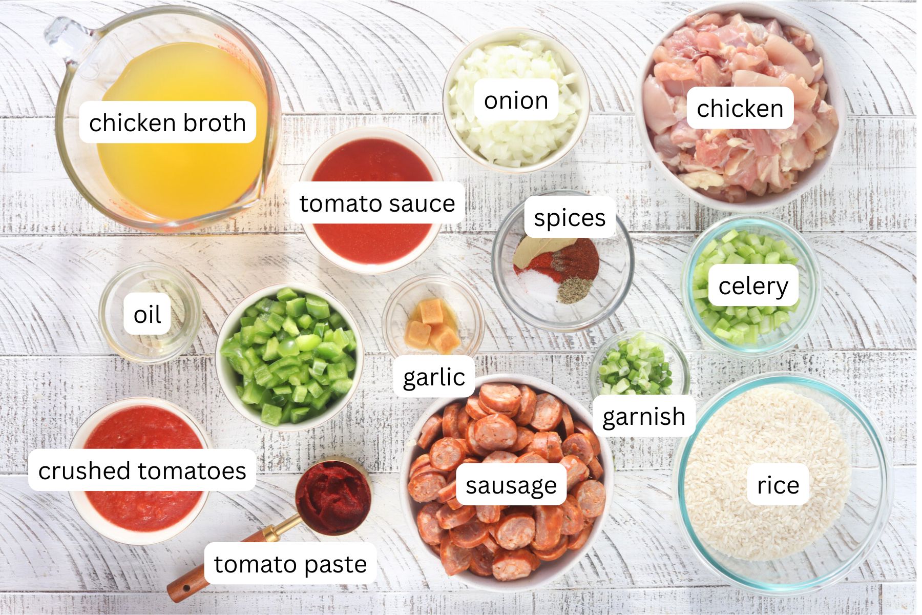 Overhead view of jambalaya ingredients including chicken, sausage, rice, chicken broth, tomato sauce, crushed tomatoes, tomato paste, onion, green bell pepper, celery, garlic, spices, and green onion garnish.