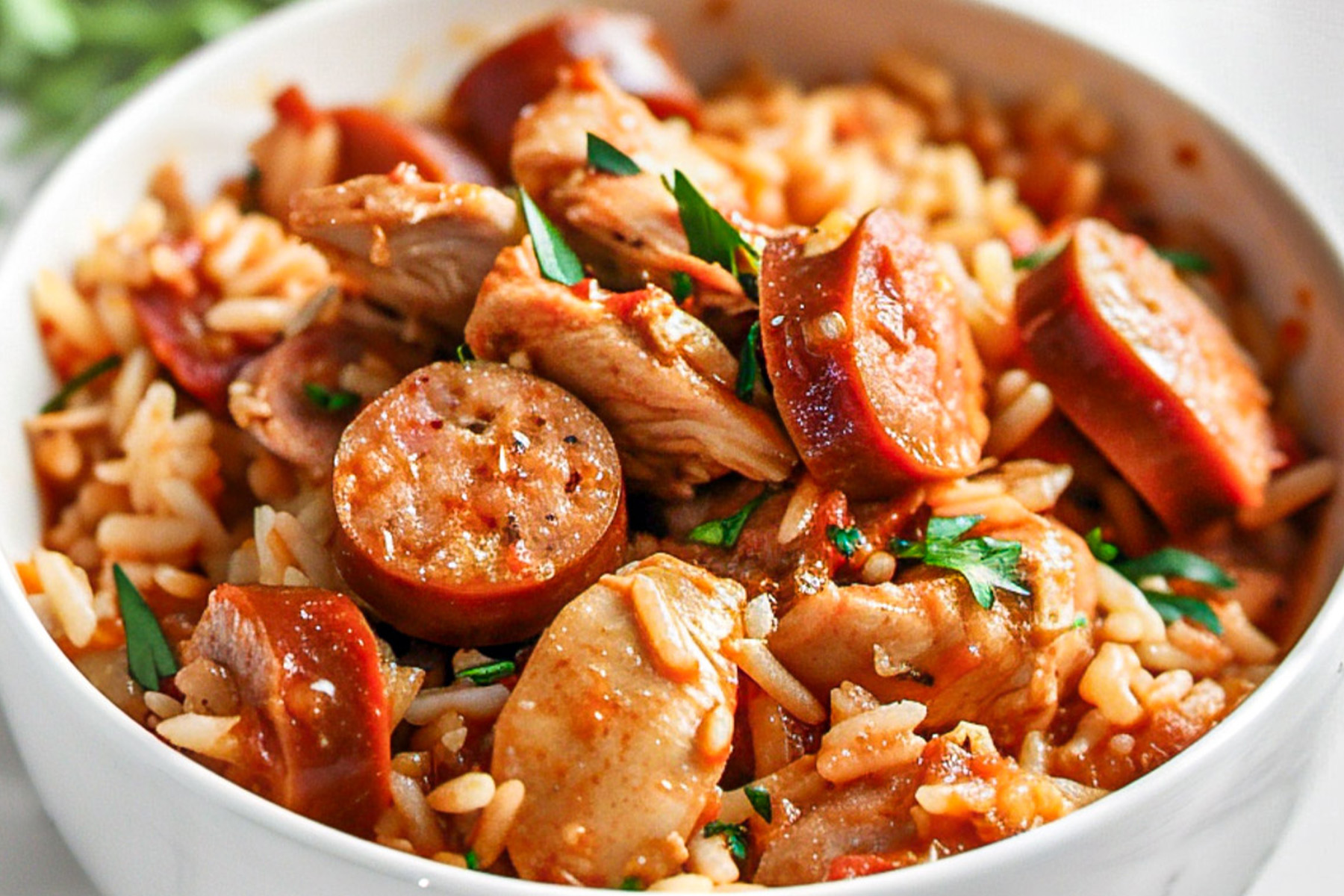 Bowl of chicken and sausage jambalaya with long-grain rice, sliced smoked sausage, and chunks of chicken, garnished with fresh parsley.
