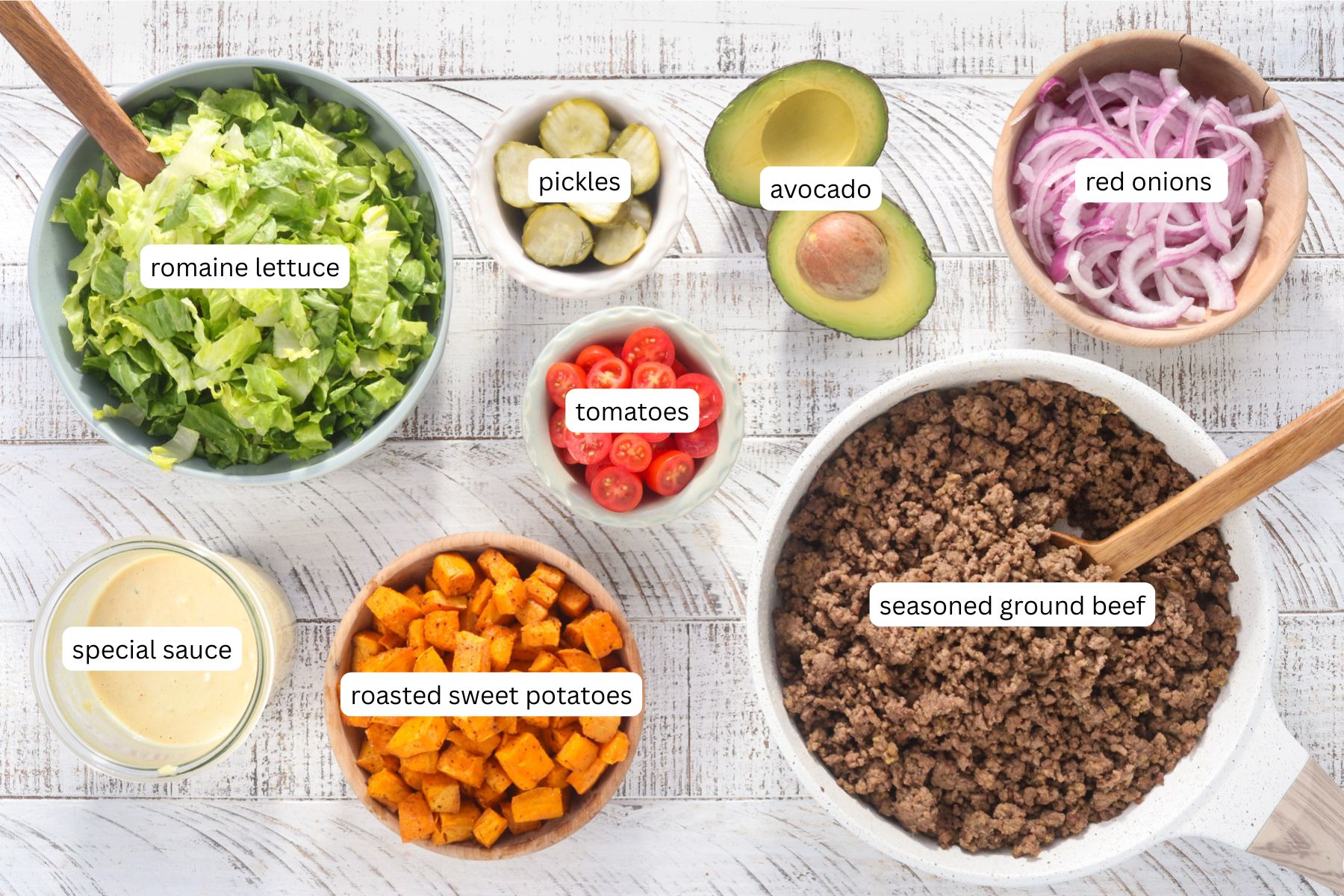 ingredients for burger bowl including ground beef, roasted sweet potatoes, romaine lettuce, tomatoes, pickles, red onion, avocado, and burger sauce