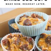 Pinterest graphic for freezer-friendly baked egg muffins with the text “Make now. Reheat later.