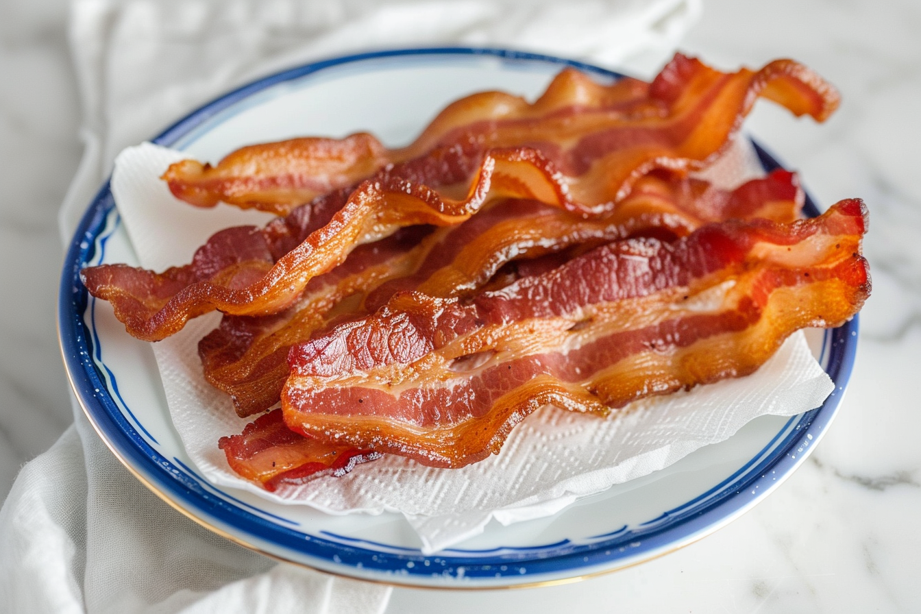 Crisp cooked bacon draining on a paper towel-lined plate.