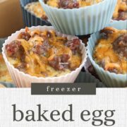 Pinterest graphic showing sausage and cheese baked egg muffins with the text “Easy baked egg muffins.